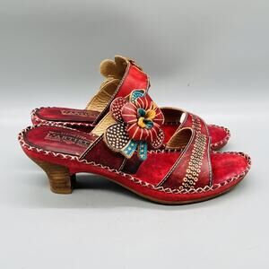 Spring Step L'Artiste Sandals Womens 8.5 Red Leather Oceanside Floral Shoes